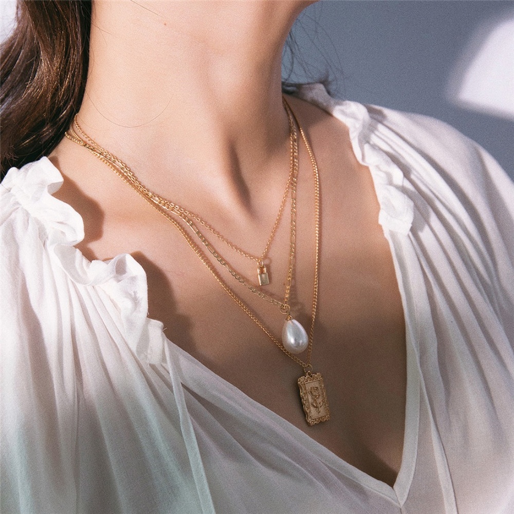 Layered Rose Portrait Pearl Drop Gold Necklace